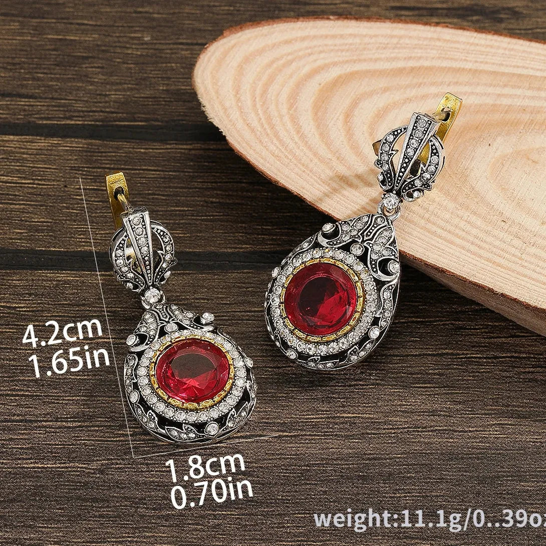 Silver Round Water Drop Flower Earrings with Red Stone for Women Party