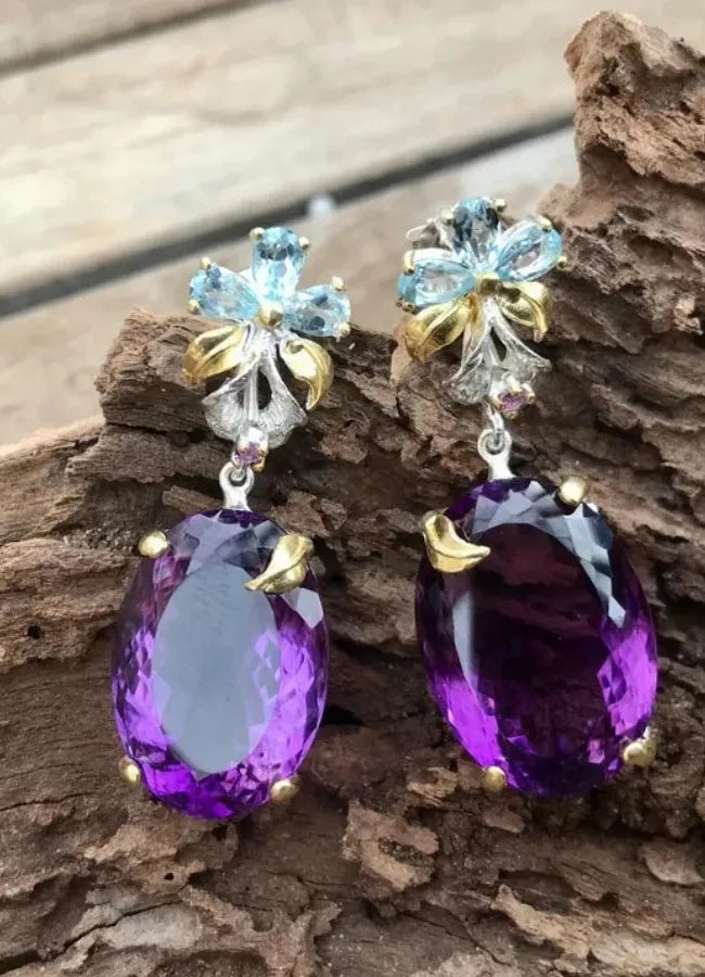 Purple Zircon Water Drop Flower Dangle Earrings Rhinestone Zinc Alloy Jewelry
