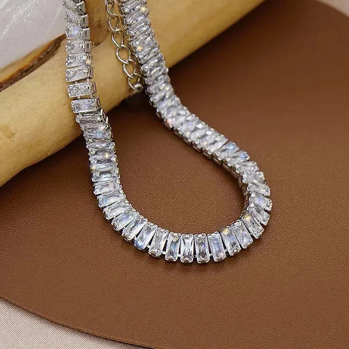 Stainless Steel Zircon Crystal Rectangle Geometric Choker Necklace Women Jewelry Set
