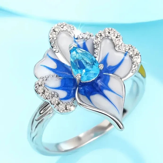 Elegant Blue Flower Plant Motif Cubic Zirconia Brass Ring for Women Party Jewelry