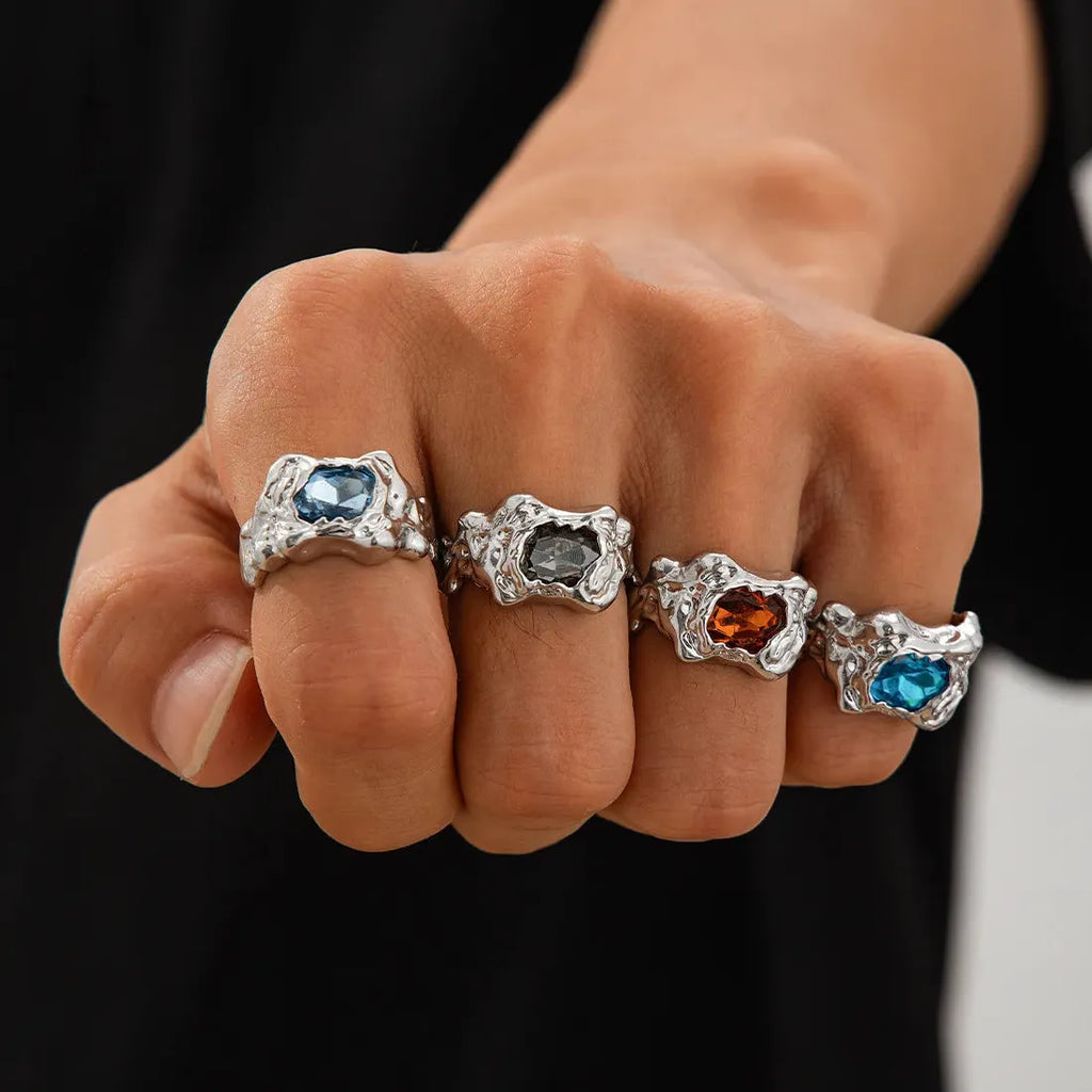 Folded Lava Metal Zircon Adjustable Rings Set Vintage Punk Jewelry Men Women
