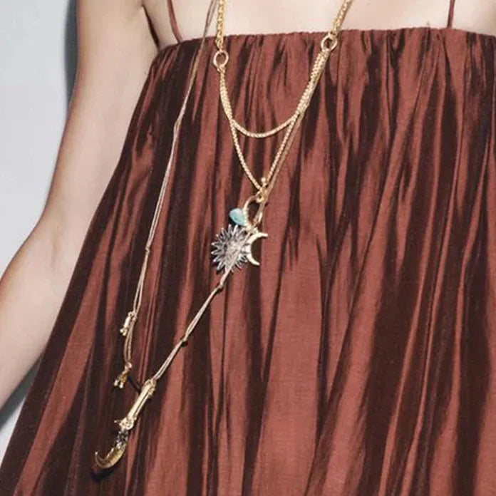 Layered Moon Sun Pendant Necklace for Women Zinc Alloy Vintage Punk Jewelry