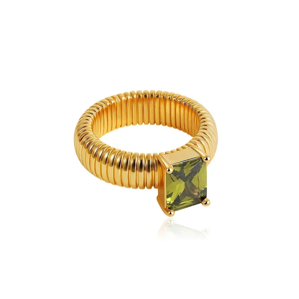 Stainless Steel Chunky Square Crystal Zircon Multicolor Wedding Ring Female Retro