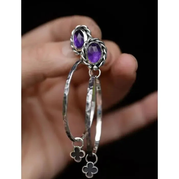 Retro Bohemian Purple Synthetic Stone Drop Earrings Zinc Alloy Women Jewelry