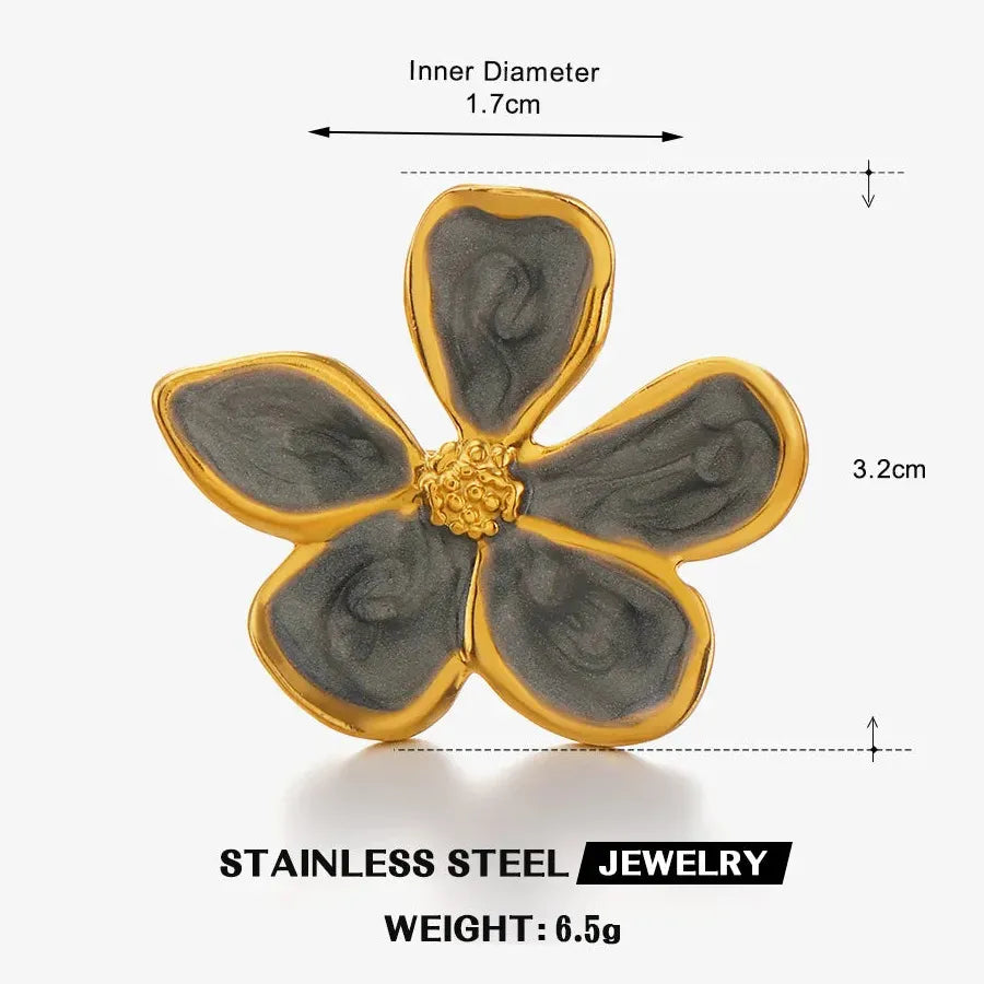 Vintage Stainless Steel Big Bloom Flower Cocktail Ring Black White Drip Oil