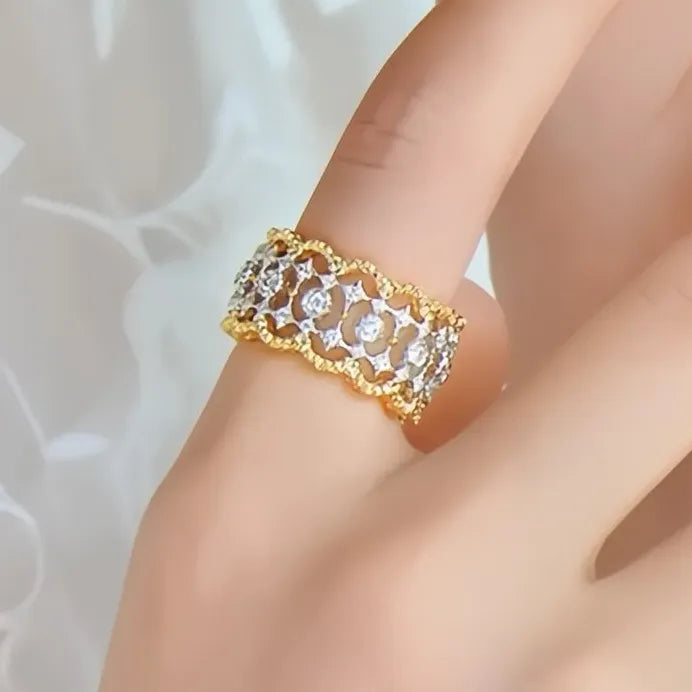 Two-tone Hollow-out Brass Wedding Band with Sparkling Zirconia for Women