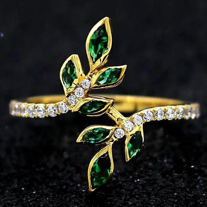 Zirconia Leaf Design Brass Ring for Women Engagement Jewelry Gift