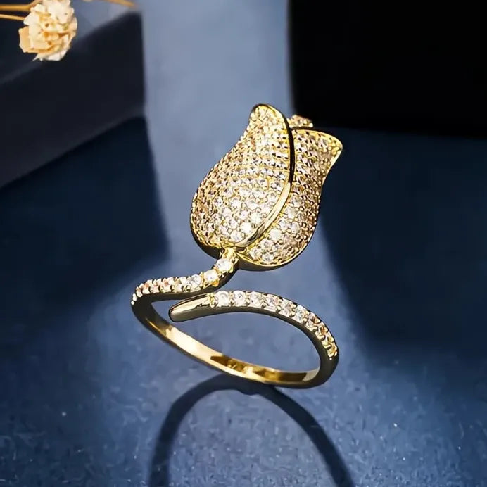Adjustable Tulip-Shaped Women’s Ring with CZ Brass Flower Design