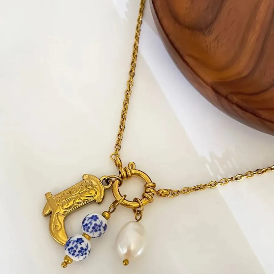 18k Gold Stainless Steel Cowboy Boot Pendant Necklace Pearl Choker Blue White Porcelain