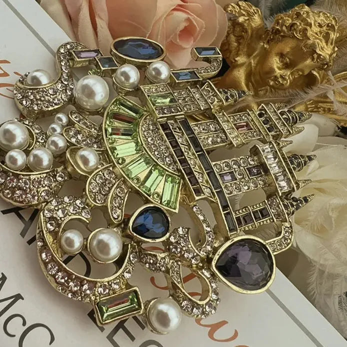 Vintage Pink Castle Palace Crystal Rhinestone Brooch Pin for Women