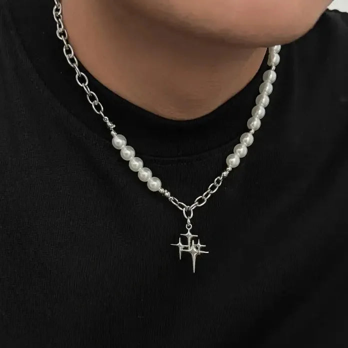 Hiphop Rock Star Pendant Necklace for Men Women Pearls Jewelry Urban Style