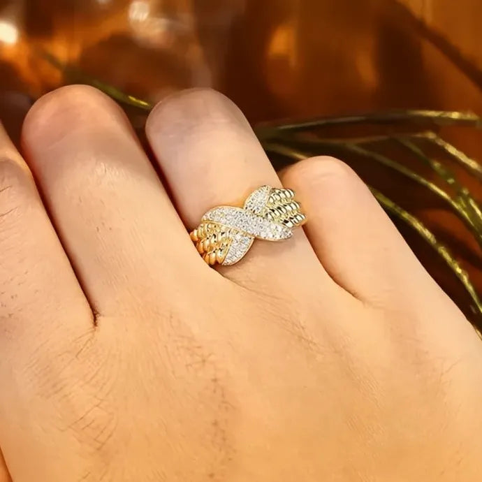 Gold Cross Ring Women Luxury CZ Wedding Fashion Party Jewelry Gift Brass