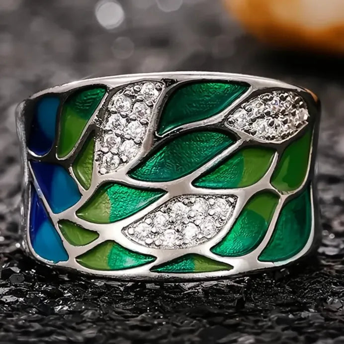 Bohemia Style Green Leaf Enamel Ring for Women Charming Birthday Gift