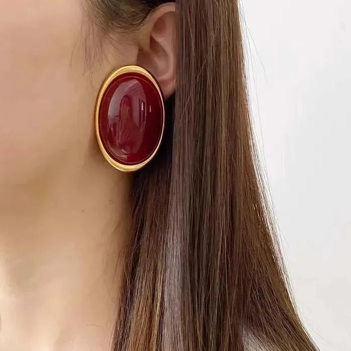 Vintage Red Geometric Stud Earrings for Women Gold Oval Party Jewelry