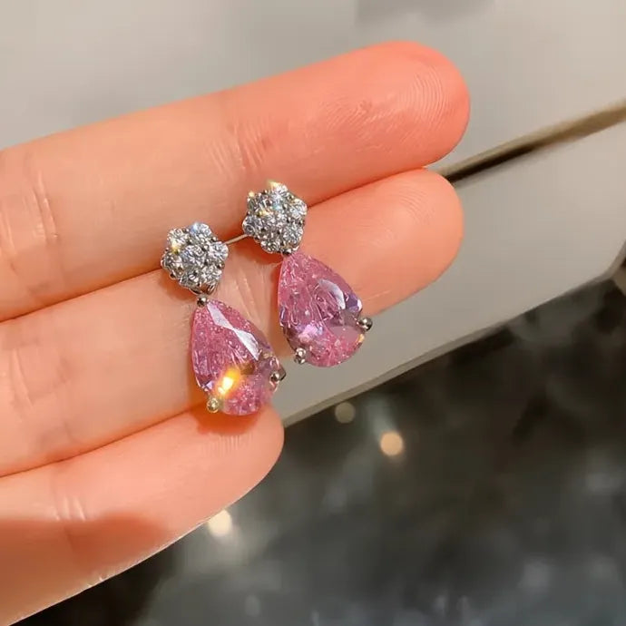 Silver Geometric CZ Stud Earrings Women Bling AAA Zirconia Jewelry Brass