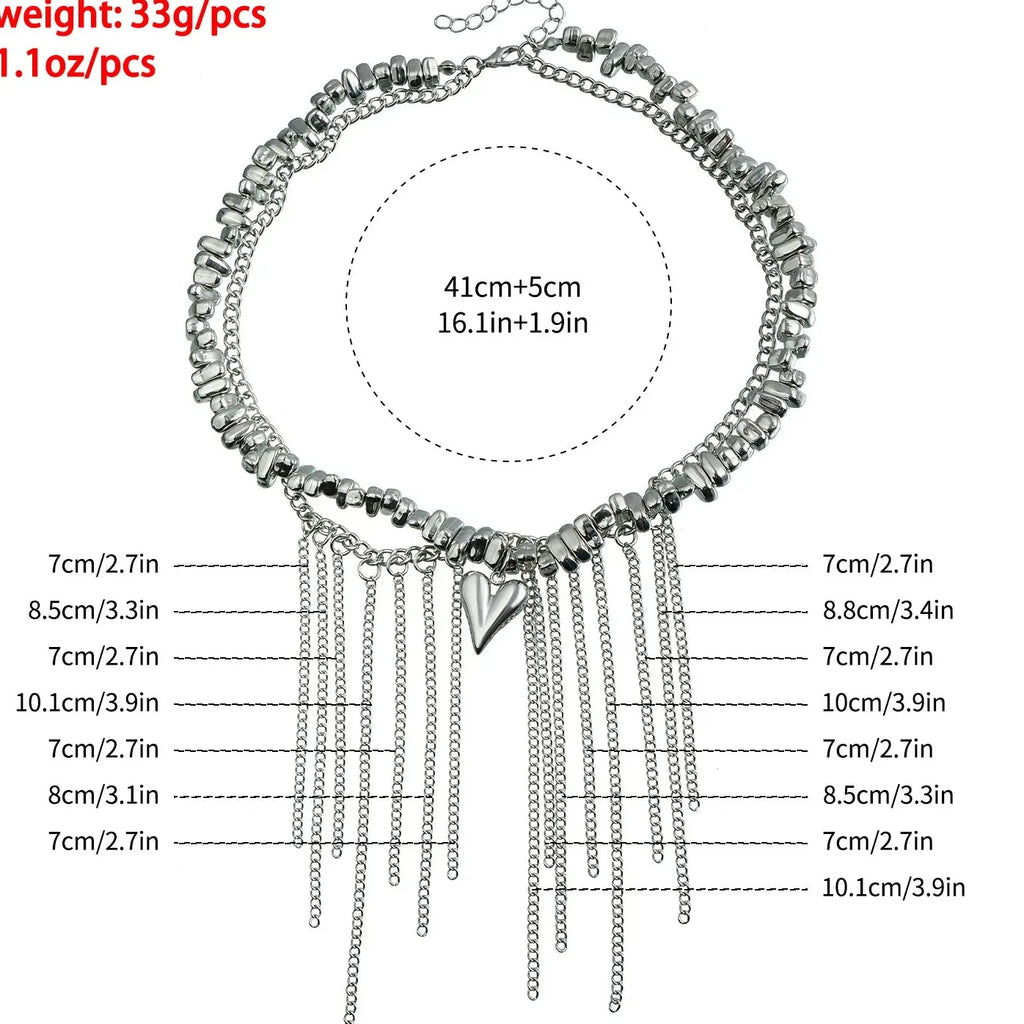 Y2K Zinc Alloy Heart Tassel Crystal Pendant Choker Necklace for Women