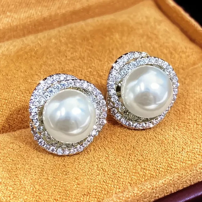 Geometric Silver Cubic Zirconia Pearl Stud Earrings for Women Jewelry