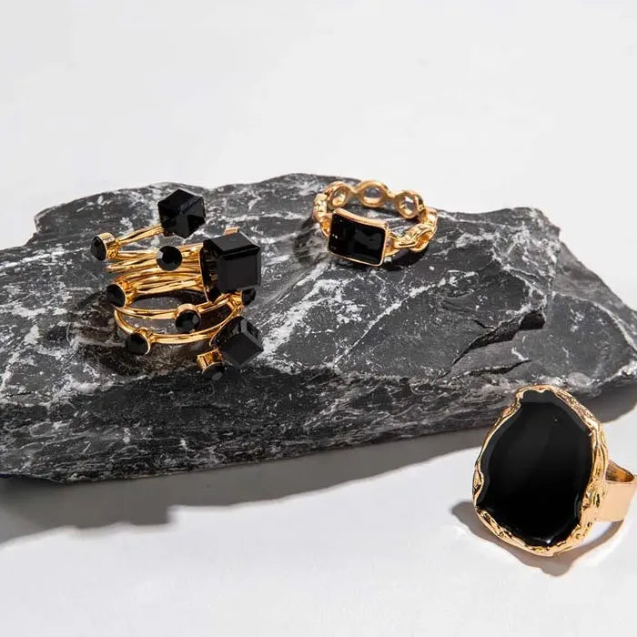 3Pcs Vintage Black Drip Oil Crystal Geometric Rings for Women Jewelry Gift