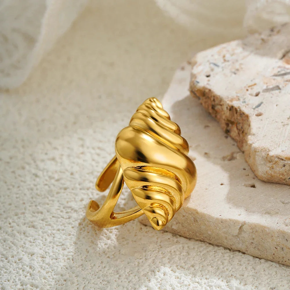 18K Gold Plated 316L Stainless Steel Seashell Scallop Chunky Ring Retro Jewelry