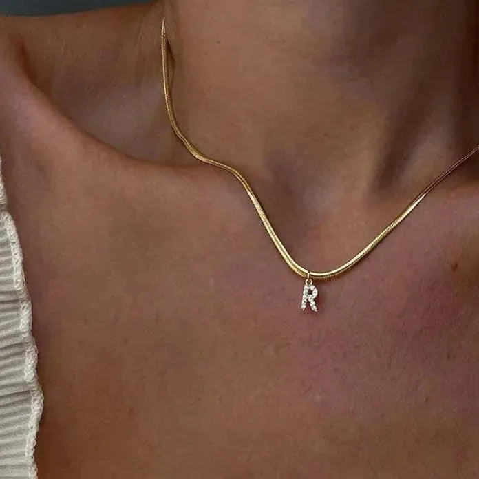 Stainless Steel Zircon Letter Pendant Necklace Flat Snake Chain Choker