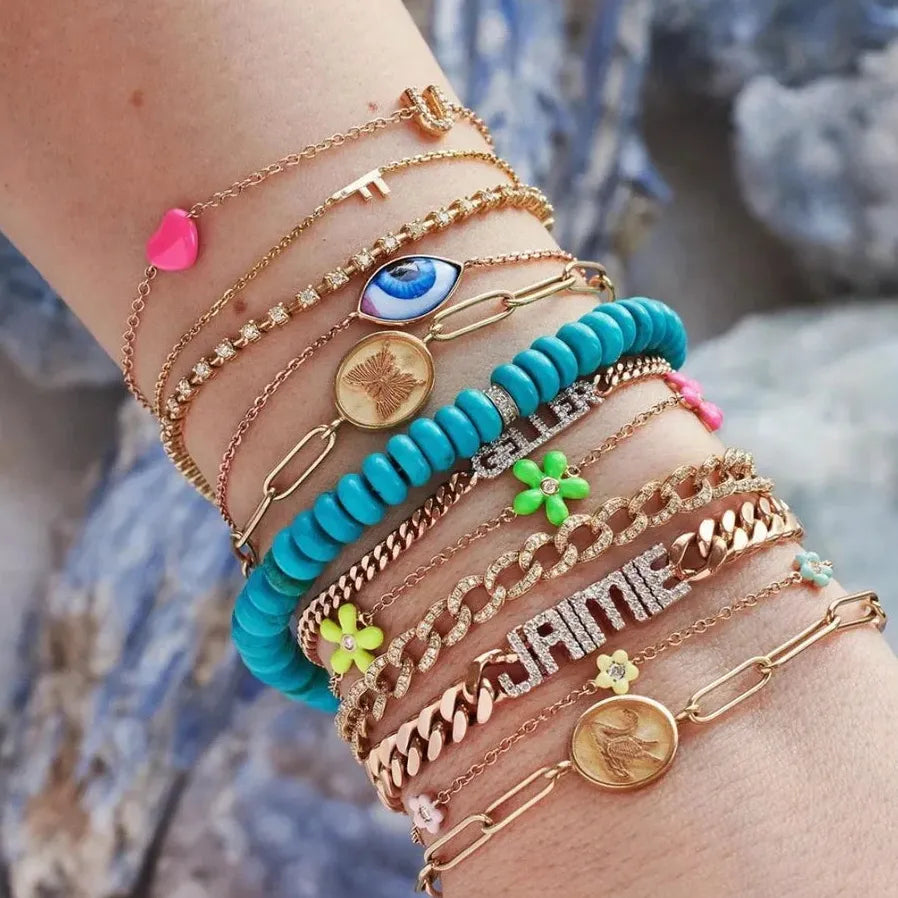 18K Gold Plated Stainless Steel Multicolor Enamel Flower Charm Bracelet for Girls