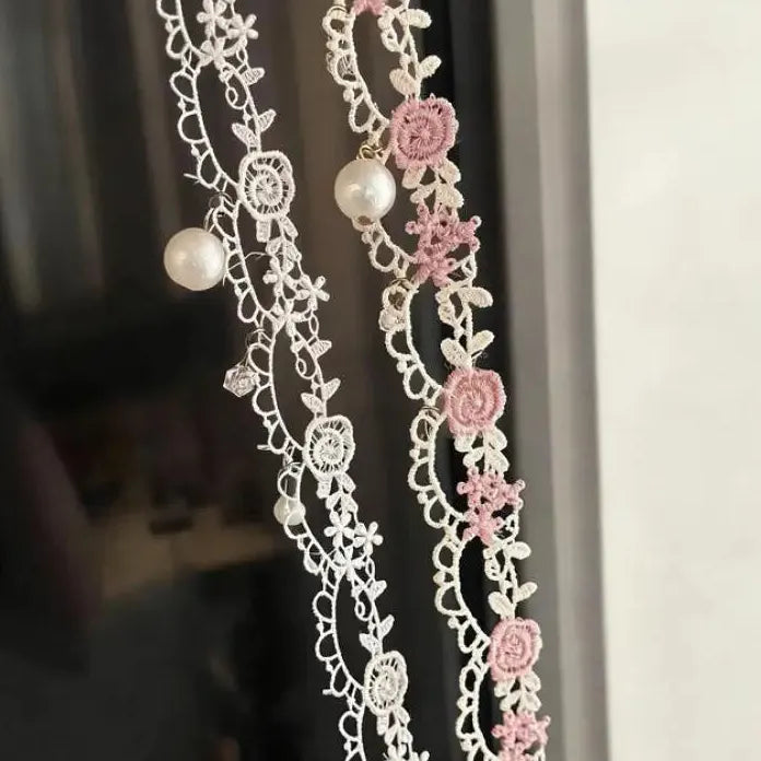 Sweet Rose Flower Edge Embroidery Pearl Pendant Circle Choker Necklace Women