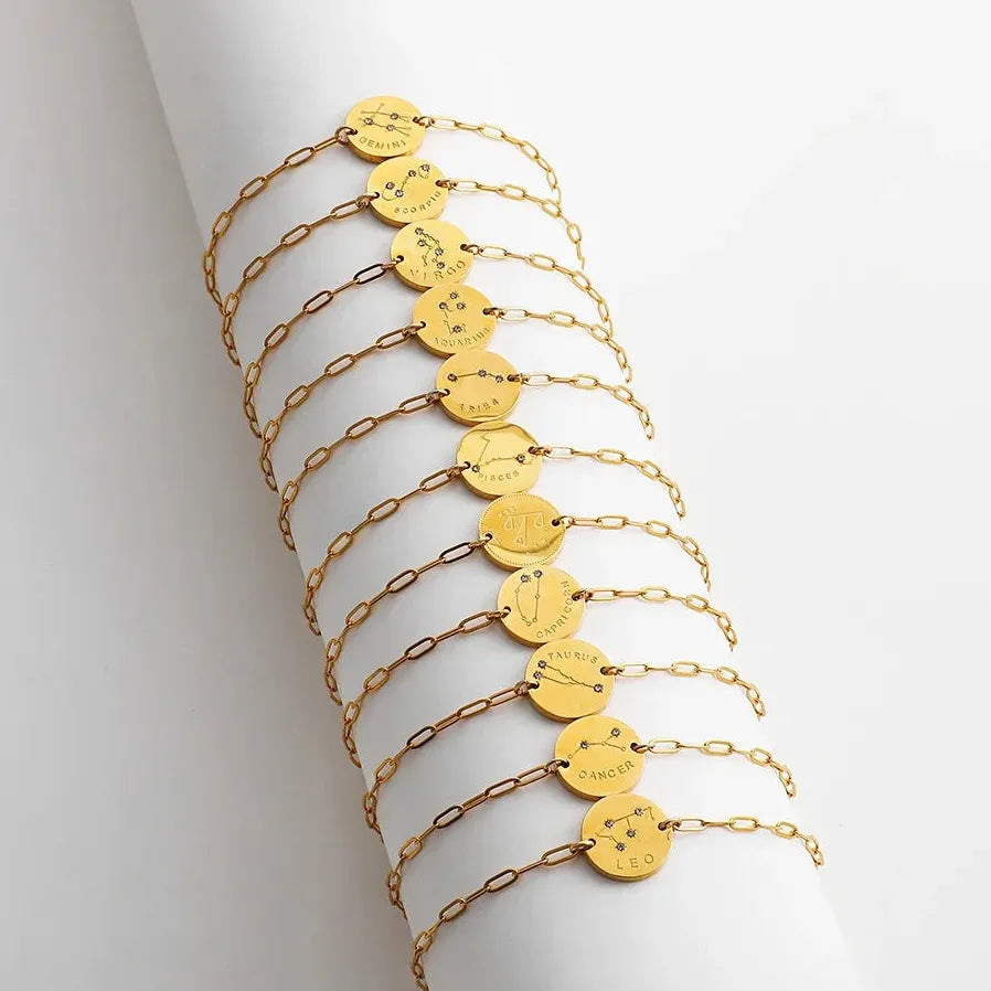 Handmade 12 Zodiac Sign Bracelet Titanium 18k Gold Plated Waterproof Hypoallergenic