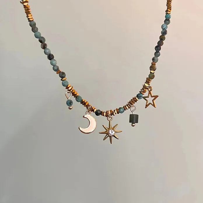 2026 Colored Bead Metal Chain Necklace Women Sun Moon Light Jewelry Gift