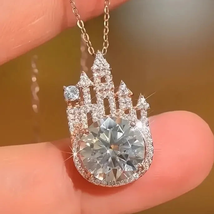 Castle Design Rose Gold Geometric Pendant Necklace with Cubic Zirconia Gems