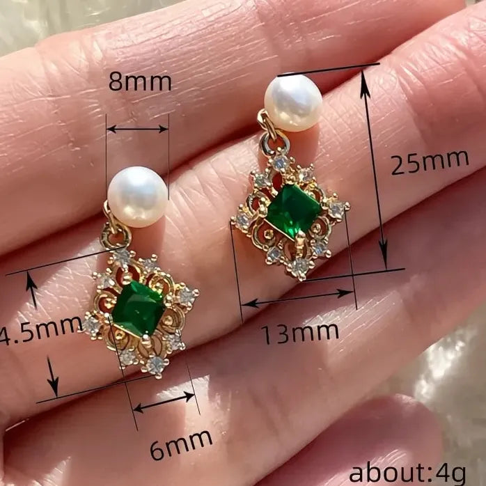 Copper Alloy Green Cubic Zirconia Drop Earrings with Removable Pearl for Women