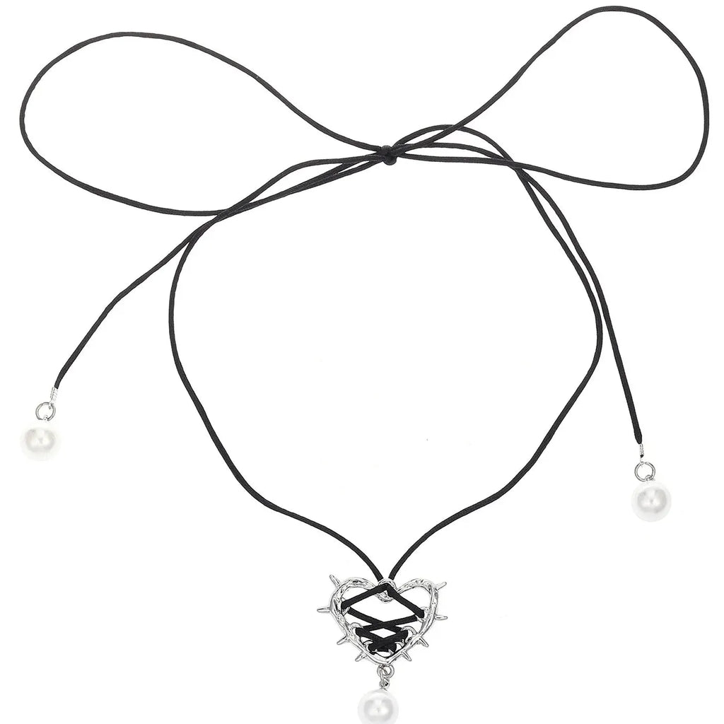 Pink Black Bow Tie Heart Pearl Pendant Necklace for Women Jewelry