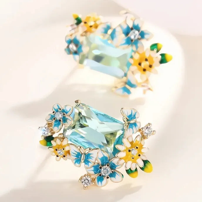 Blue Yellow Flower Enamel Drop Earrings with Sky Blue CZ Cubic Zirconia Brass Jewelry for Women Wedding Party