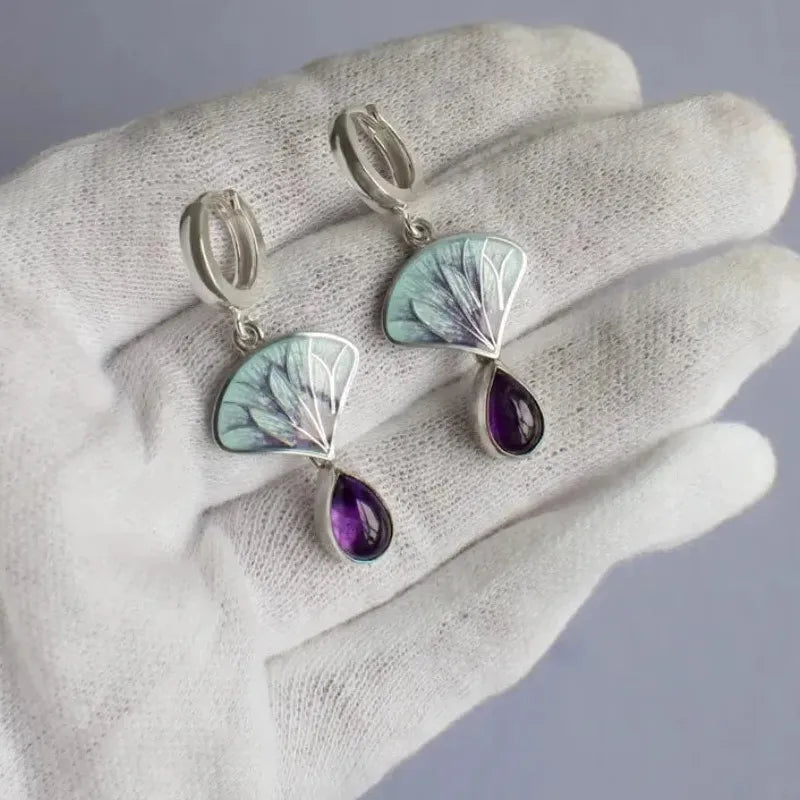 Geometric Flower Pendant Drop Earrings for Women Retro Silver Copper Metal Purple Resin