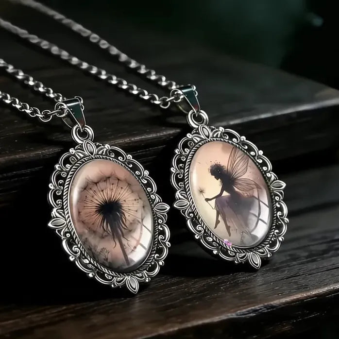 Vintage Oval Fairy Dandelion Glass Pendant Necklace Zinc Alloy Gift