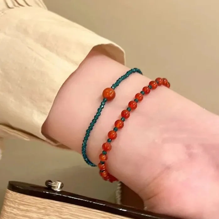 Vintage Red Blue Crystal Beaded Double-Layer Y2K Bracelet for Women Couples Jewelry