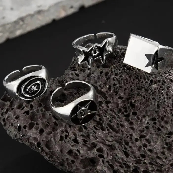4Pcs Men’s Black Star Wide Hip Hop Geometric Rings Set Adjustable