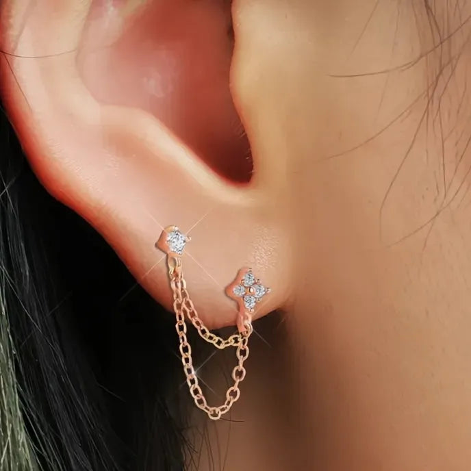 Copper Alloy Cubic Zirconia Double Piercing Tassel Drop Earrings for Women Stylish Geometric Design