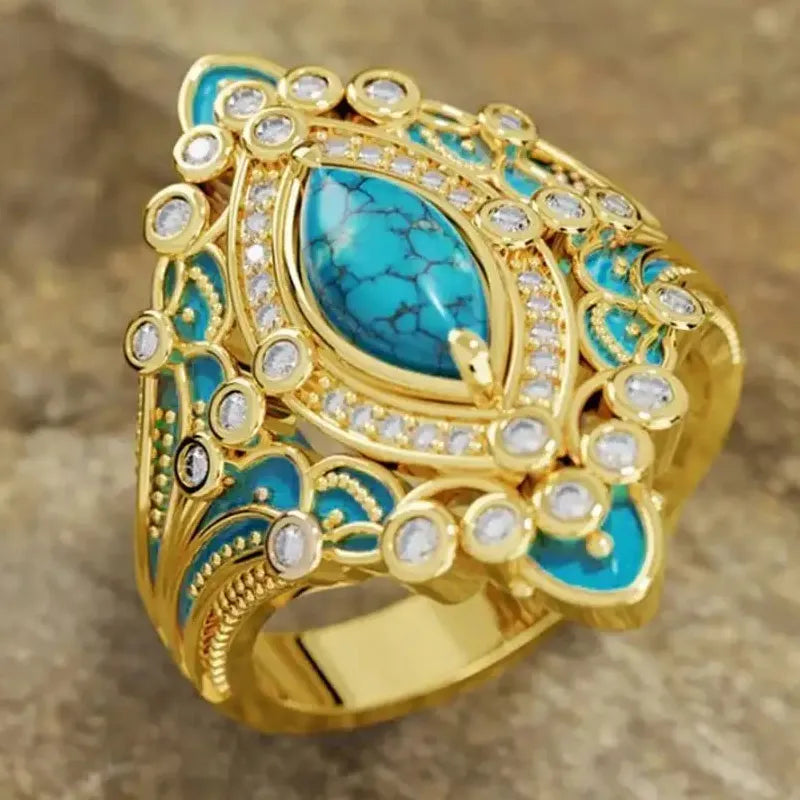 Vintage Bohemian Copper Ring for Women with Cubic Zirconia Antique Gold Carving