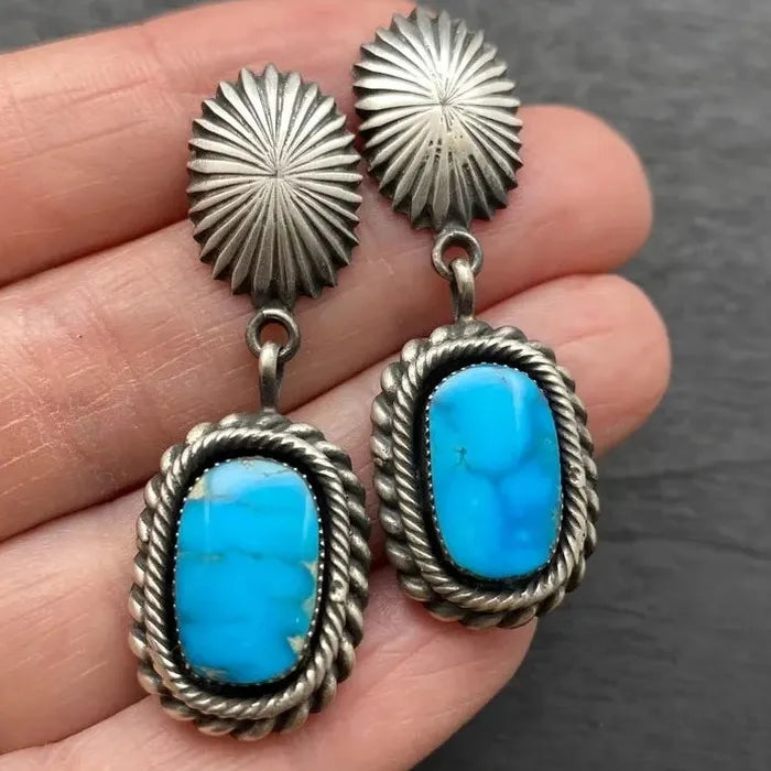 Vintage Blue Stone Geometric Drop Earrings Bohemian Ethnic Silver Zinc Alloy