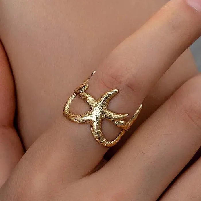 Adjustable Stainless Steel Starfish Ring for Women Men Gold Jewelry Gift