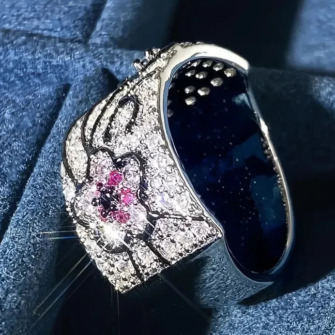 Elegant Pink Flower Cubic Zirconia Brass Ring for Women Fashion Jewelry