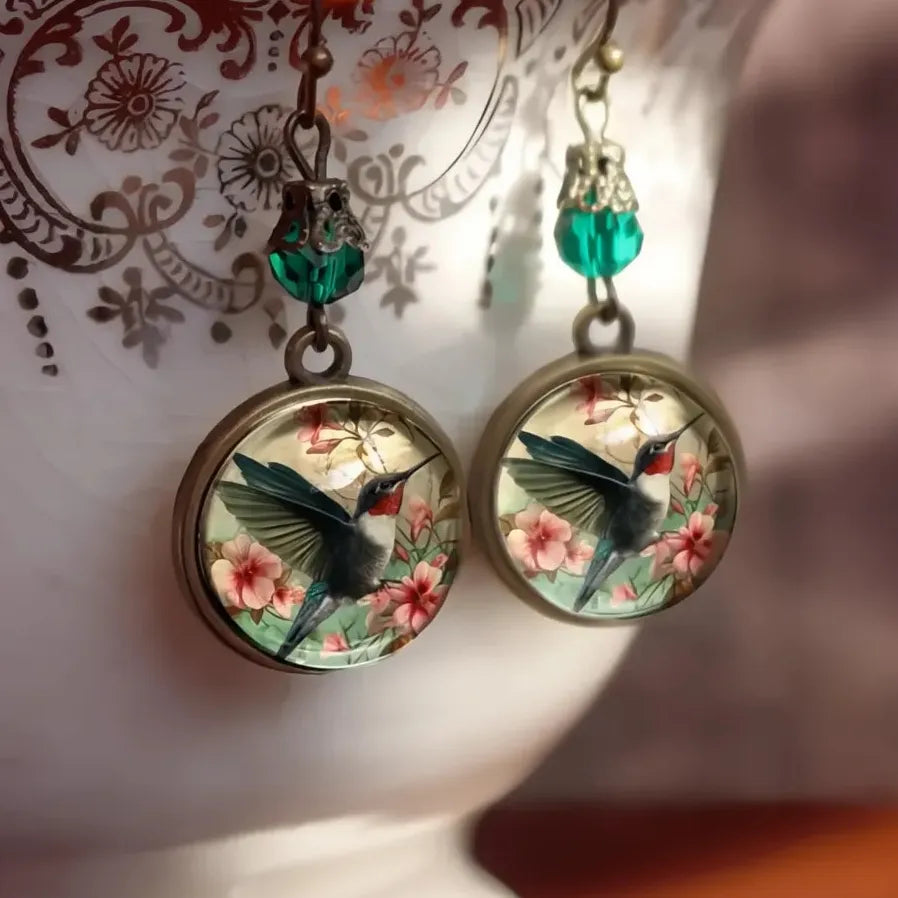 Vintage Green Glass Bead Hummingbird Flower Dangle Earrings for Women