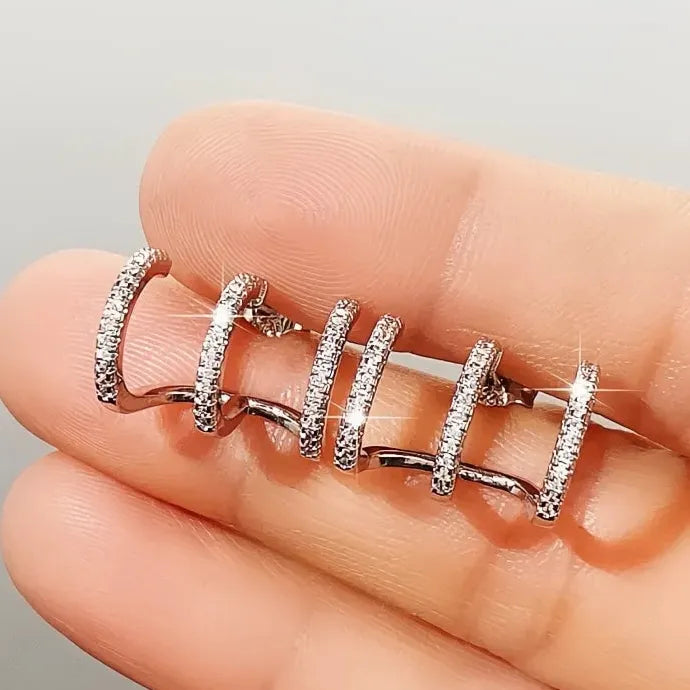 Silver Three Line Claws CZ Crystal Stud Earrings for Women Copper Alloy