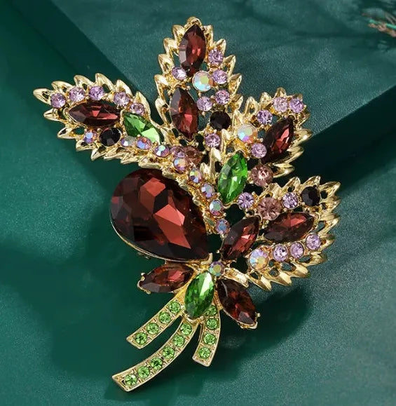 Vintage Brown Rhinestone Crystal Flower Leaf Brooch Pin Elegant Jewelry
