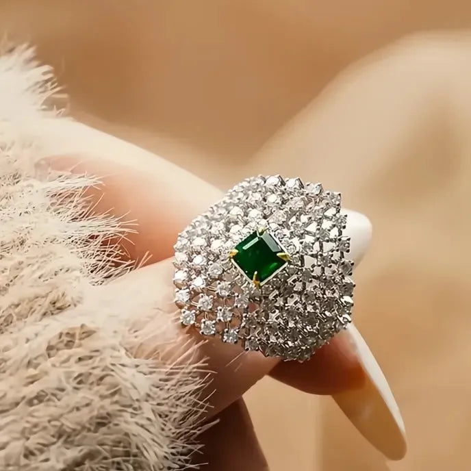 Elegant Women’s Geometric Hollow Brass Ring with Cubic Zirconia Cocktail Engagement Jewelry
