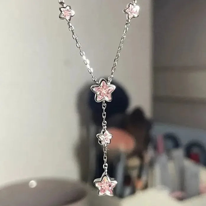 Luxury Stainless Steel Pink Zircon Star Pendant Necklace for Women Y2K