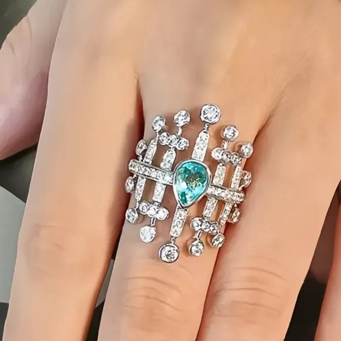 Geometric Pear Green CZ Wide Band Cocktail Wedding Ring for Women