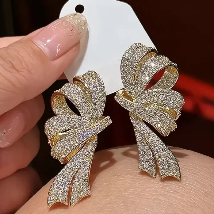 Trendy Bow Drop Earrings Silver Gold CZ Ribbon Jewelry for Women