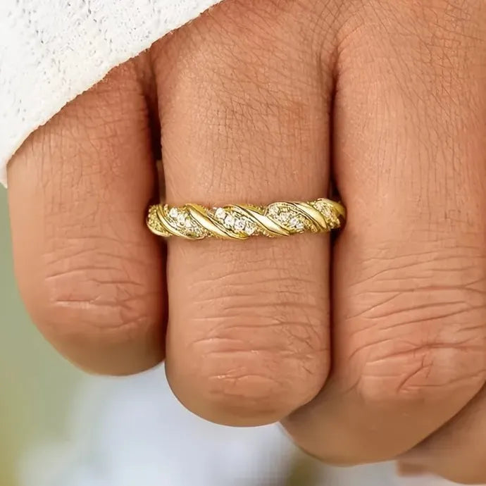 Two-Tone Twisty Geometric Ring with Cubic Zirconia for Women Brass Jewelry