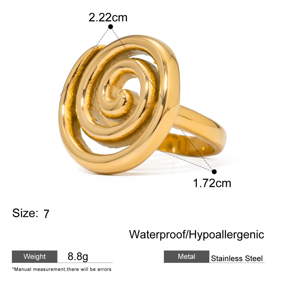 18k Gold Plated Stainless Steel Oversize Hollow Geometric Spiral Pearl Ring for Women